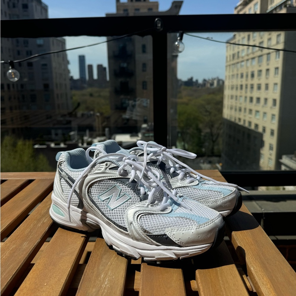 New Balance White and Blue Sneakers